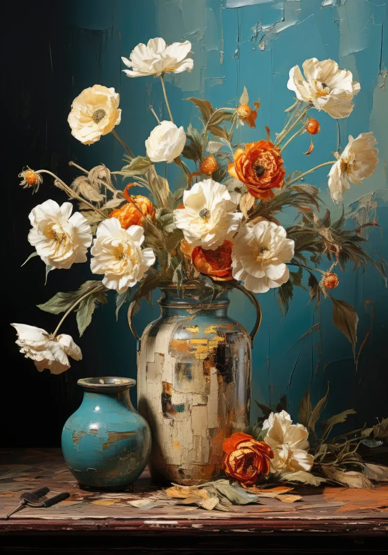Blumestrauss mit Vase Gemälde carta hahnemühle da PosterPrint