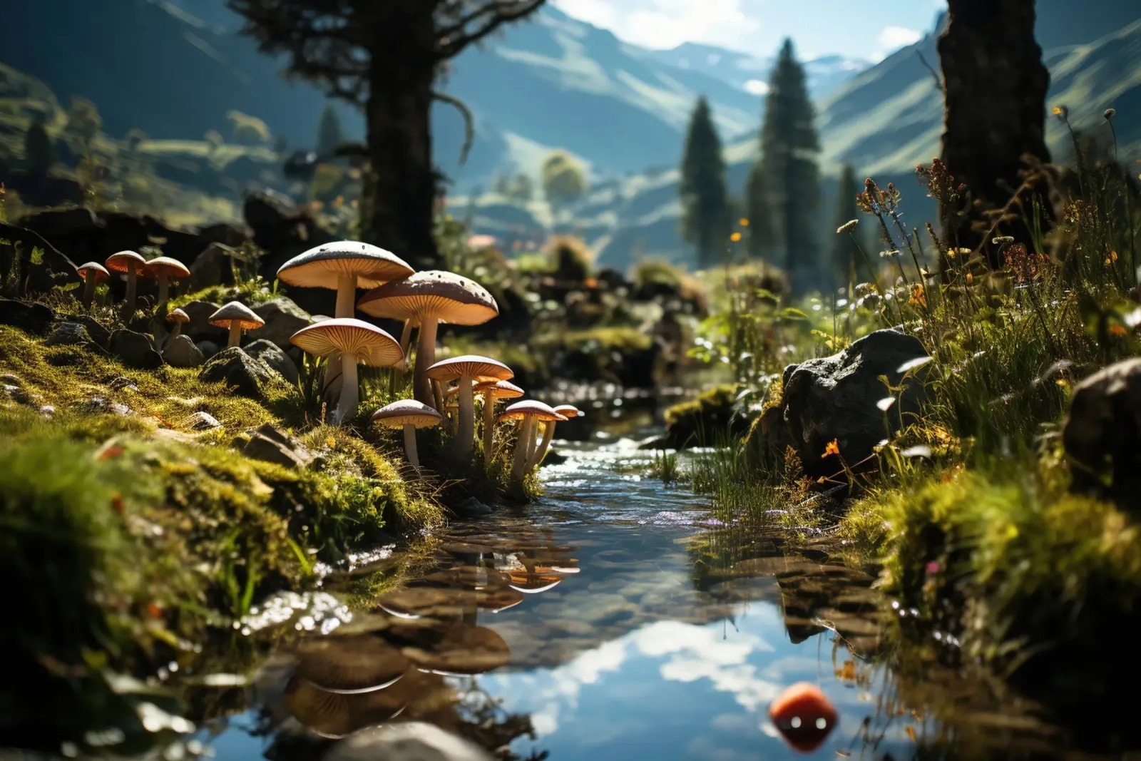 Mushrooms by the stream alu-dibond by PosterPrint