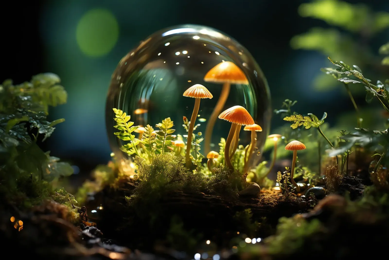 Champignons dans une boule de verre poster avec cadre en plastique de PosterPrint