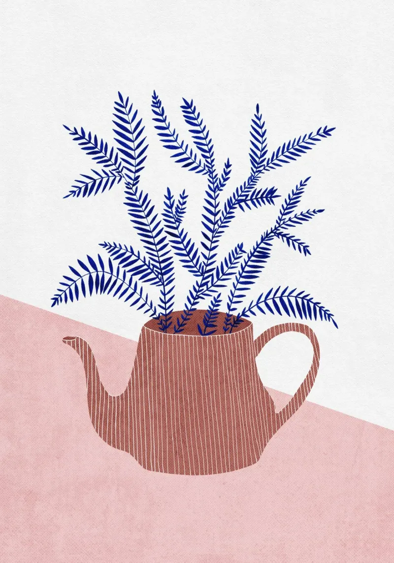 Jardinera con tetera - Ilustración botánica con un toque moderno poster con marco de madera de kookiepixel