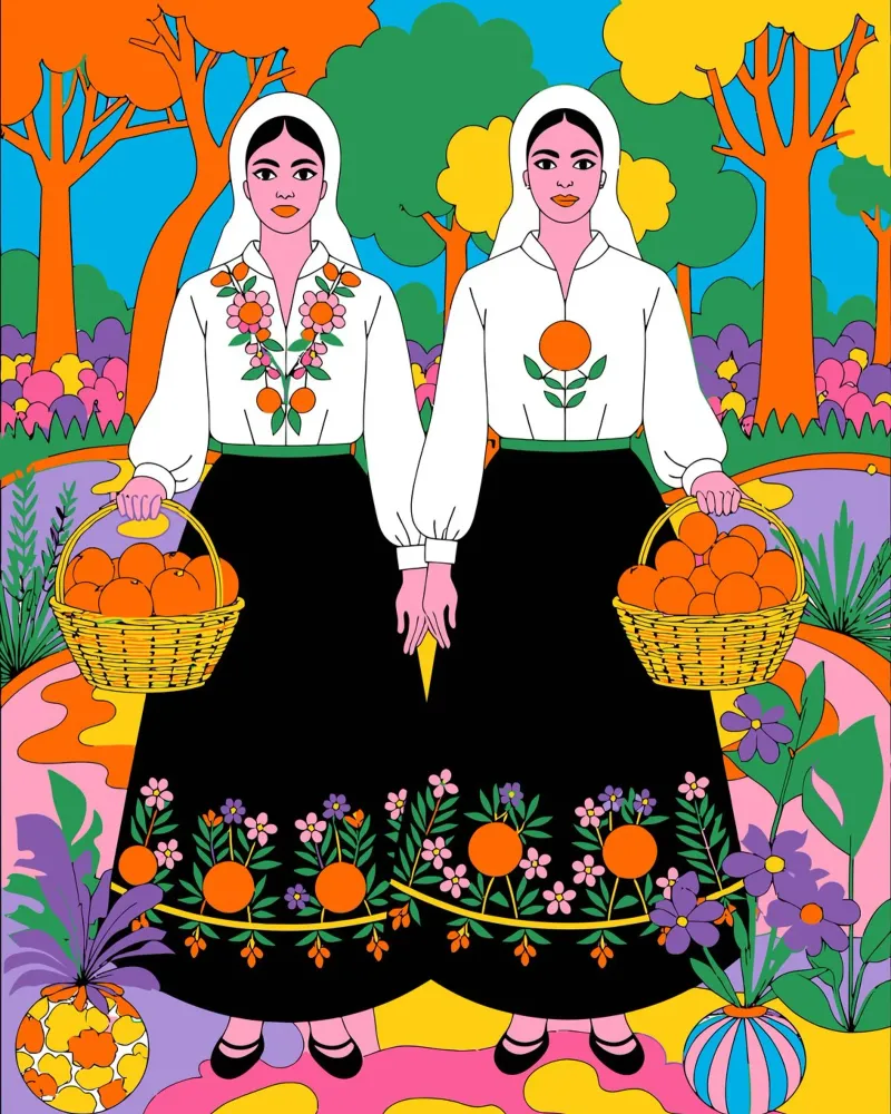 Folkloric Pop Art Illustration of Two Women with Oranges backlit film by Signorino