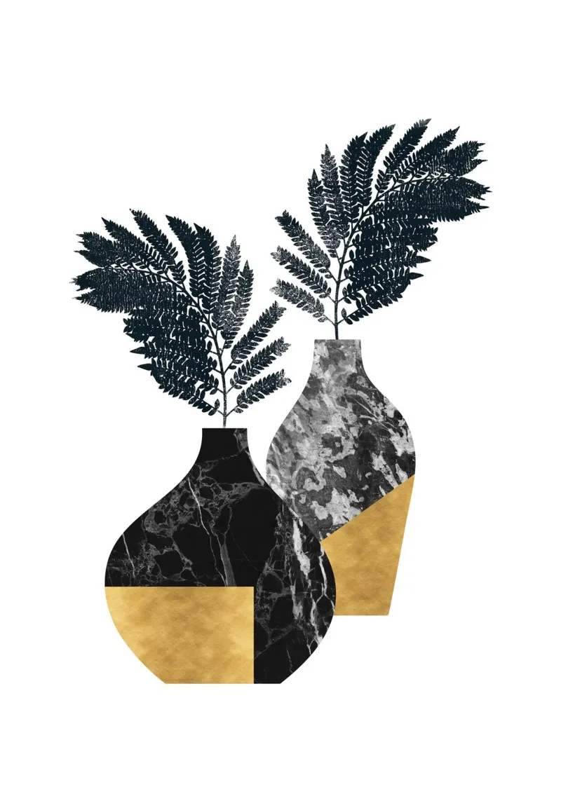 Modern Vase Botanical – Black Marble and Gold Leaf Design canvas with Floater frame by kookiepixel