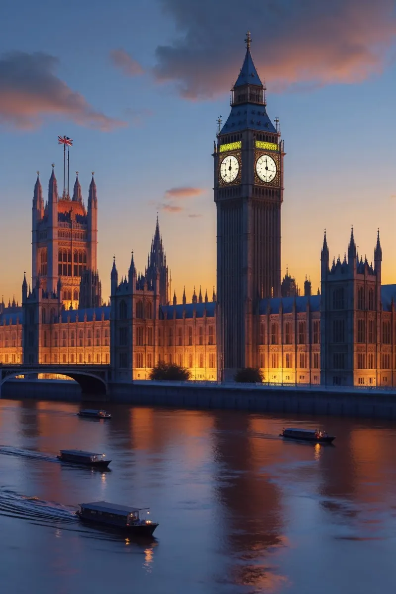 Big Ben at Sunset: A London Landmark Illuminated poster con telaio in plastica da AlbertKlee