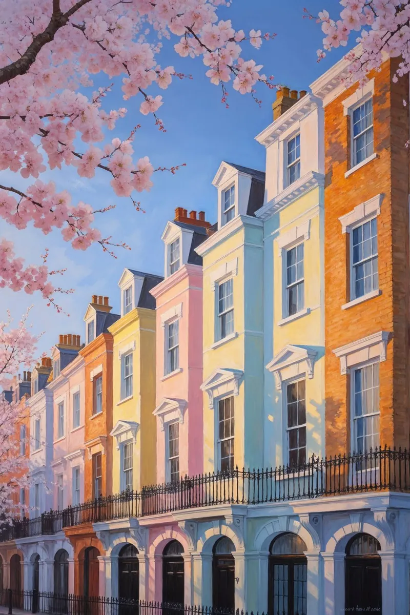 Pastel Paradise in Notting Hill poster con telaio in alluminio da AlbertKlee