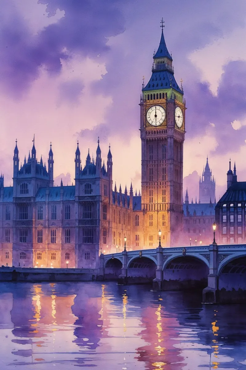 Big Ben at Twilight in Romantic Watercolor carta hahnemühle da AlbertKlee