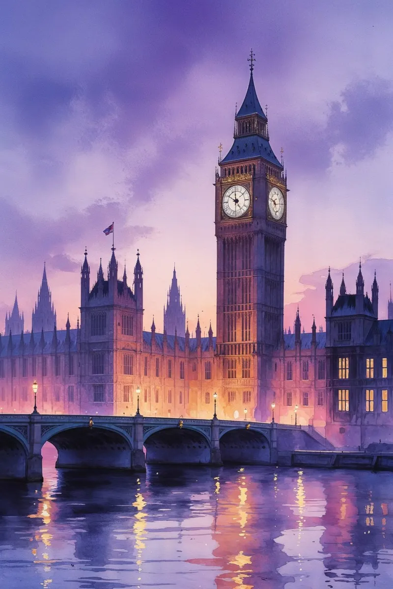 Big Ben in a Romantic Watercolor Evening Glow poster con telaio in plastica da AlbertKlee