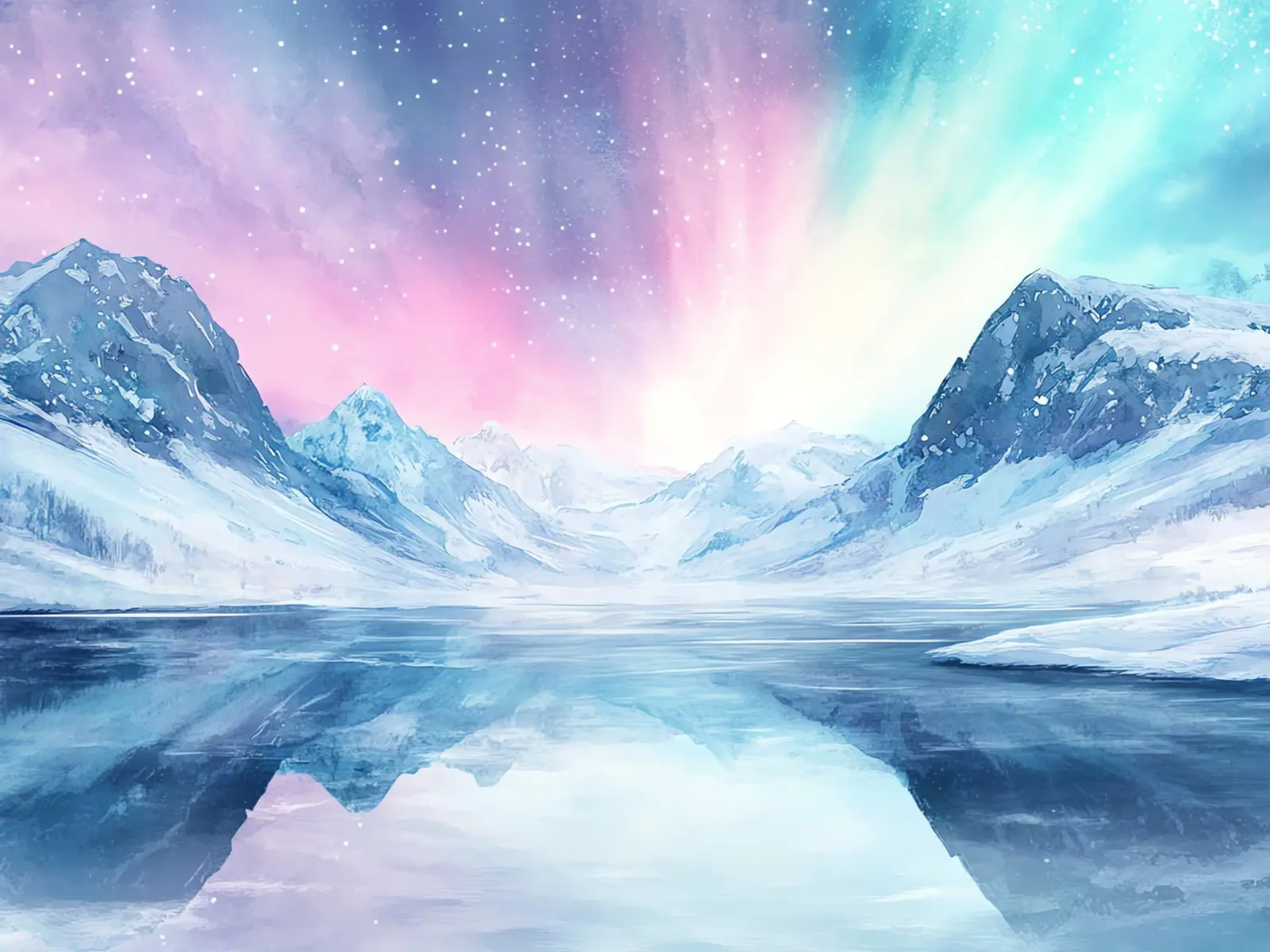Boreal Mirror: Lake and Mountains under the Aurora canvas by Théïa's Fantasia World