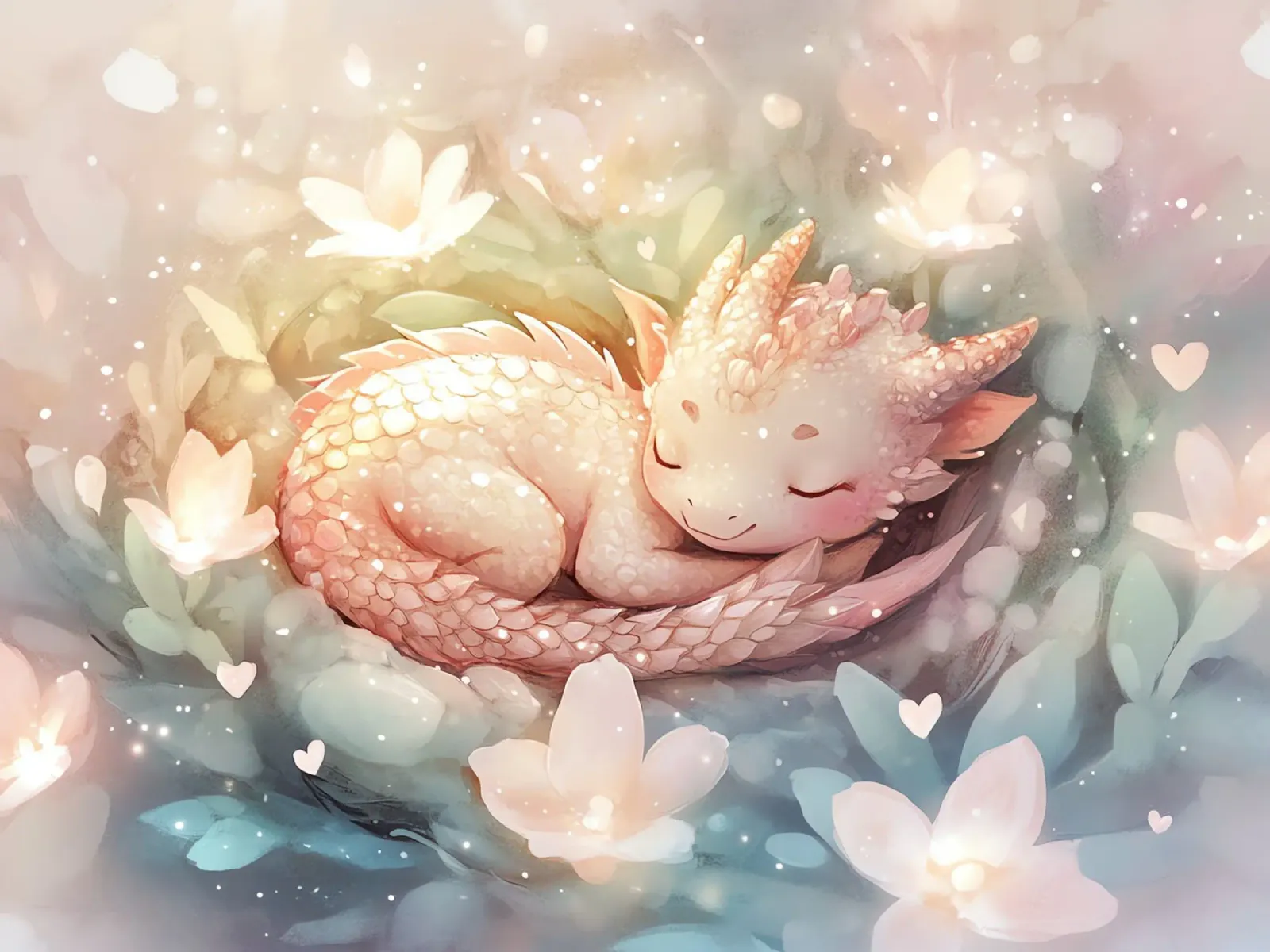 Risveglio pacifico: Drago addormentato in un letto di fiori poster da Théïa's Fantasia World