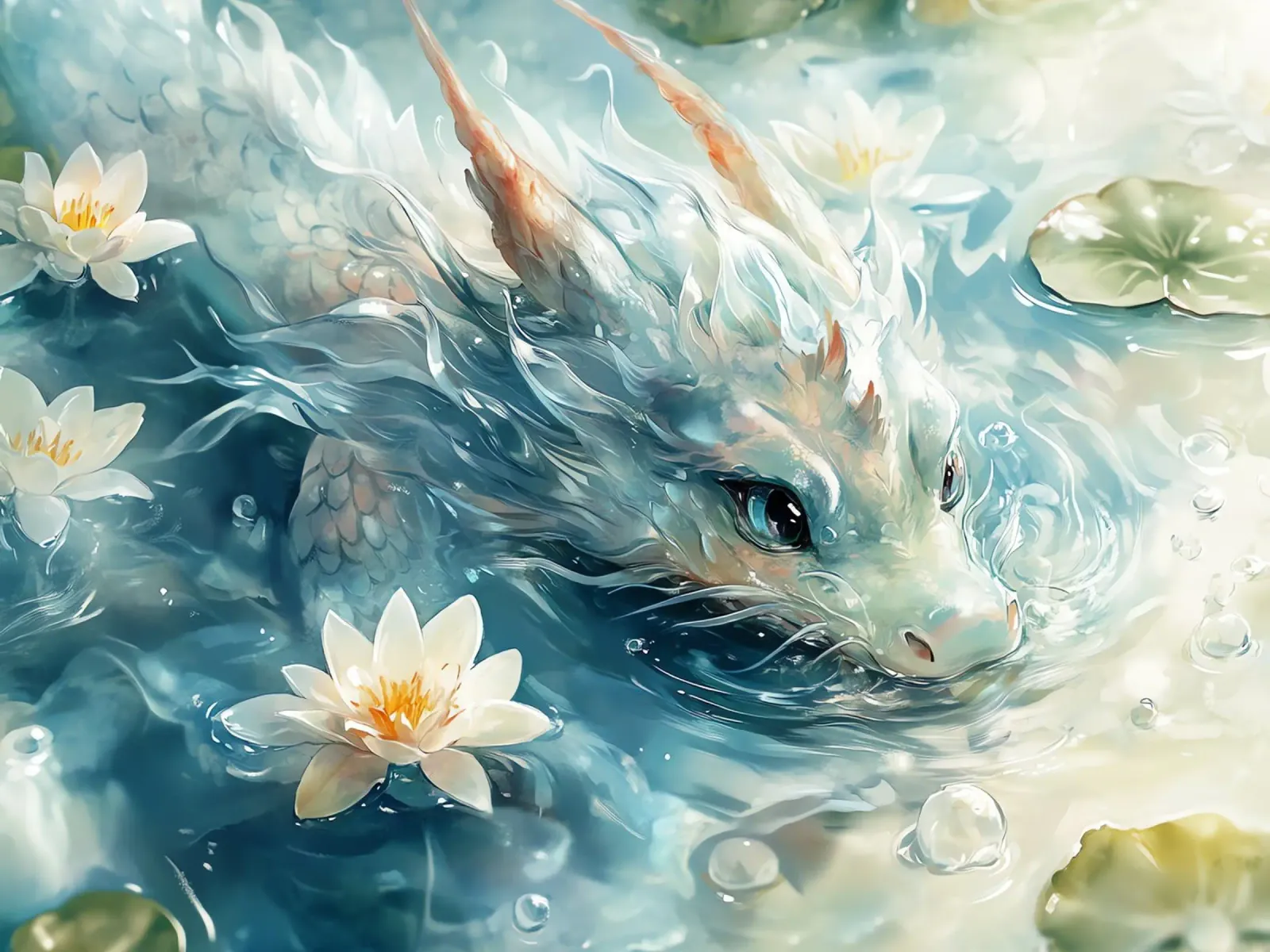 Spirit of Water: Mystic Dragon among the Lotuses poster with wooden frame by Théïa's Fantasia World