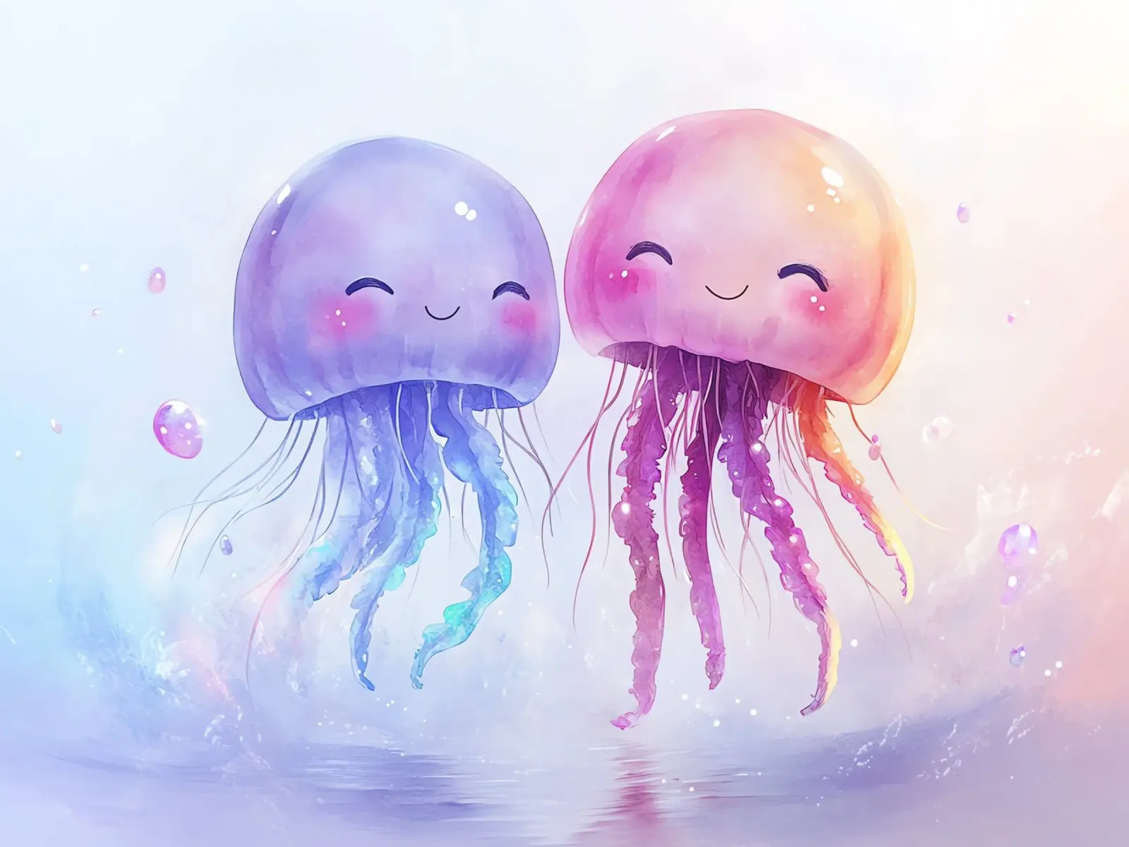 Marine Friendship: Two Happy Kawaii Jellyfish backlit film by Théïa's Fantasia World