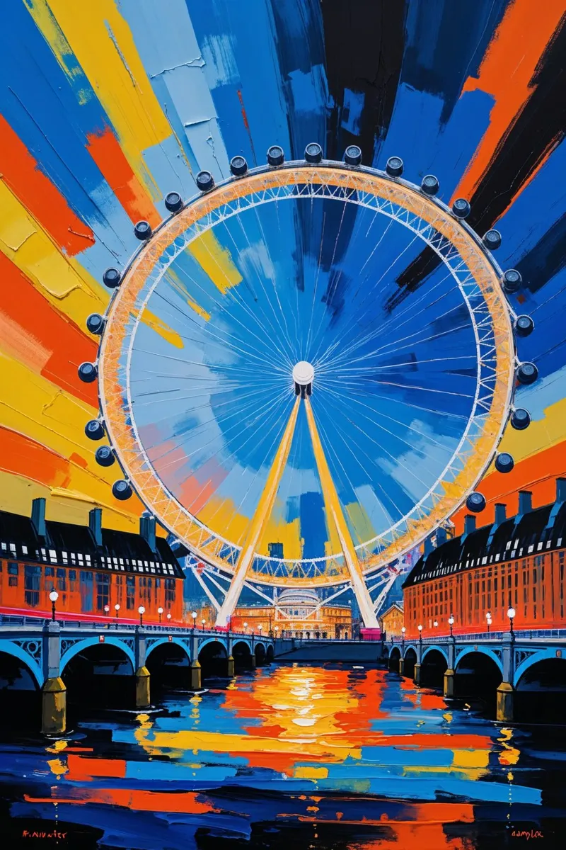 Dynamic Abstract Painting of the London Eye by the Thames poster con telaio in plastica da AlbertKlee