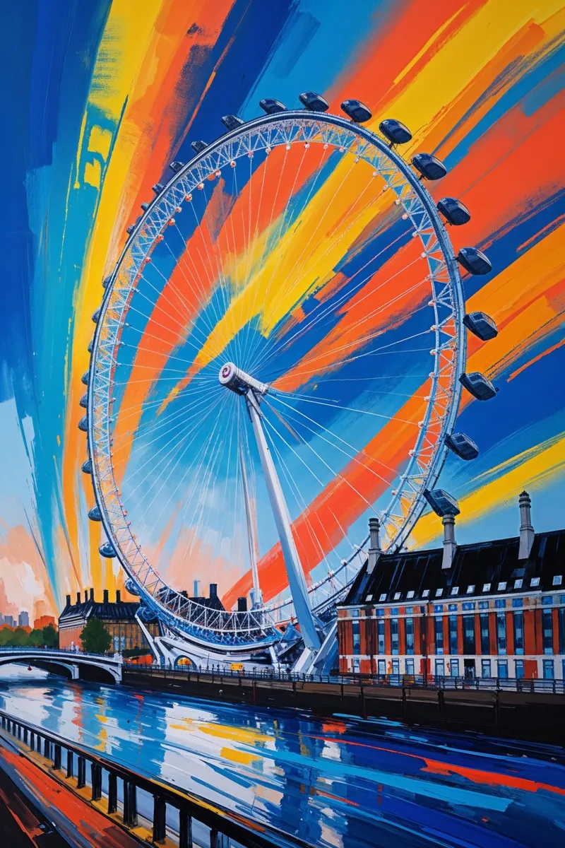 London Eye in Colorful Motion poster con telaio in plastica da AlbertKlee
