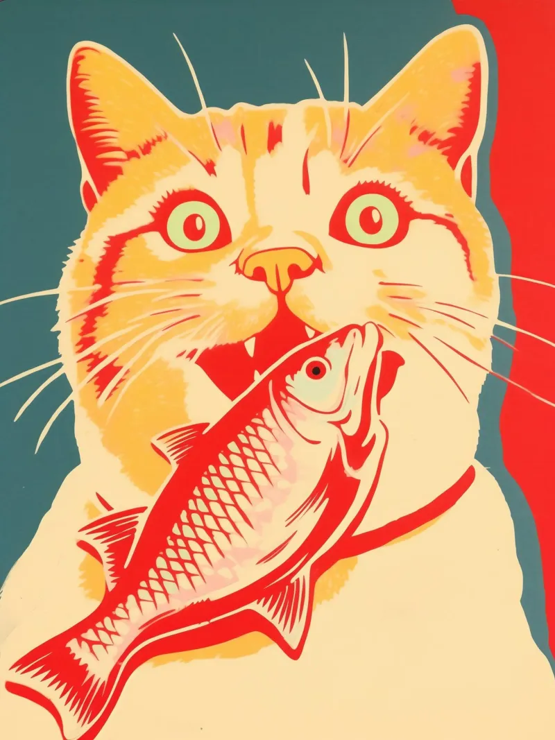 Erfolgreiche Retro Katze & Fisch | Fauvistische Risographie Backlit Folie von Autofocus