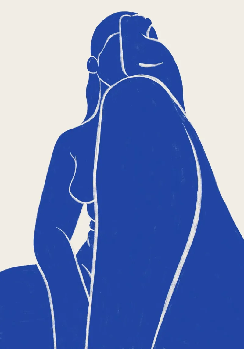Serene abstract art, minimalist body silhouette, blue figure forex plate by kookiepixel