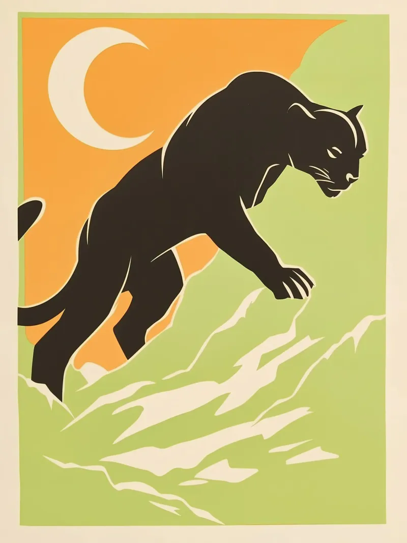 Zwarte panter met oranje halve maan | Serigrafie canvas met Baklijst van Autofocus