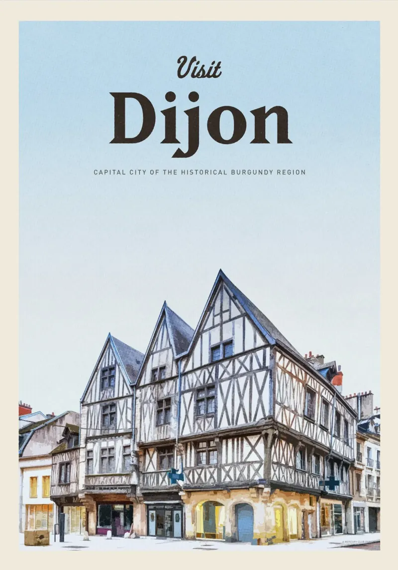 Travel to Dijon poster with wooden frame by Mercury Club