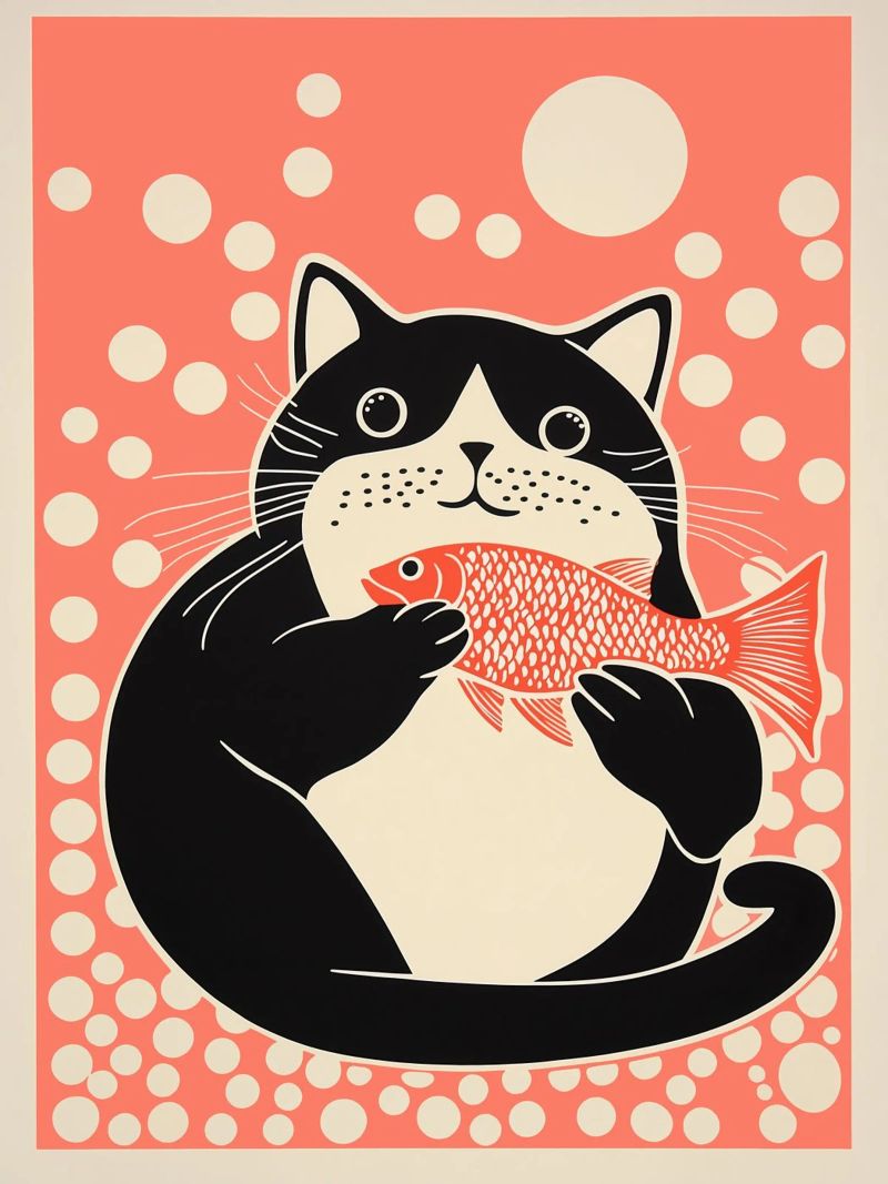 Die dicke japanische Katze fängt den rosa Fisch Poster von Autofocus