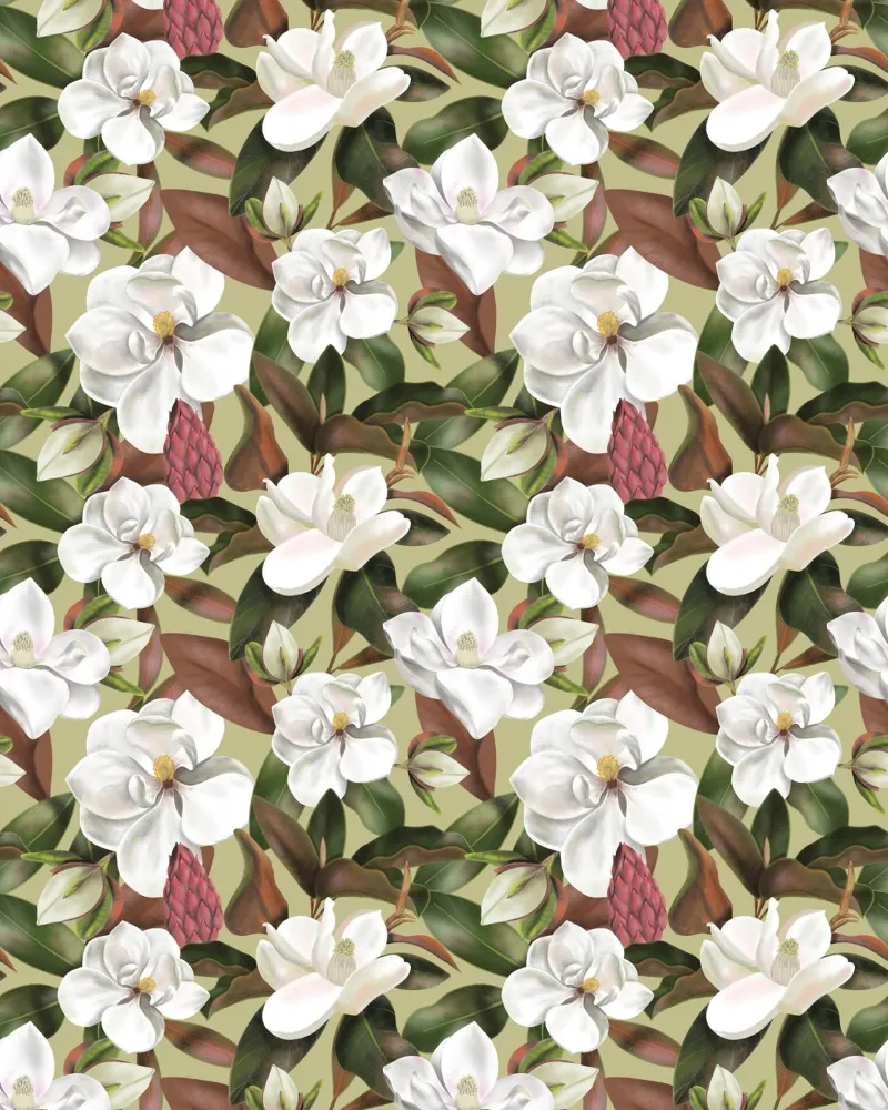 Magnolias Floral Pattern - Olive poster with plastic frame by anisillustration