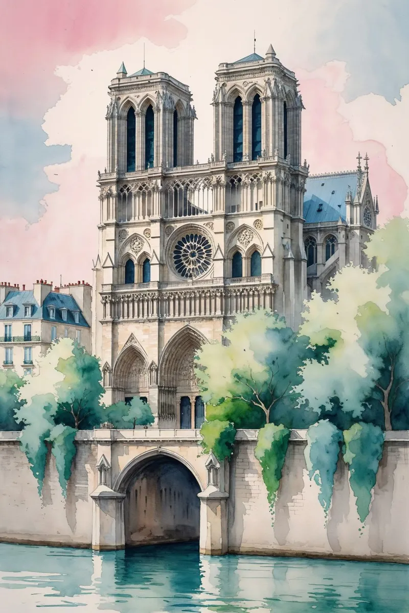Notre Dame: A Watercolor Elegance poster con telaio in legno da AlbertKlee