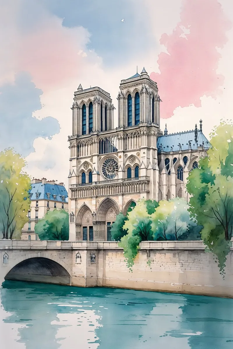 Notre Dame Reflected in Watercolors poster con telaio in legno da AlbertKlee
