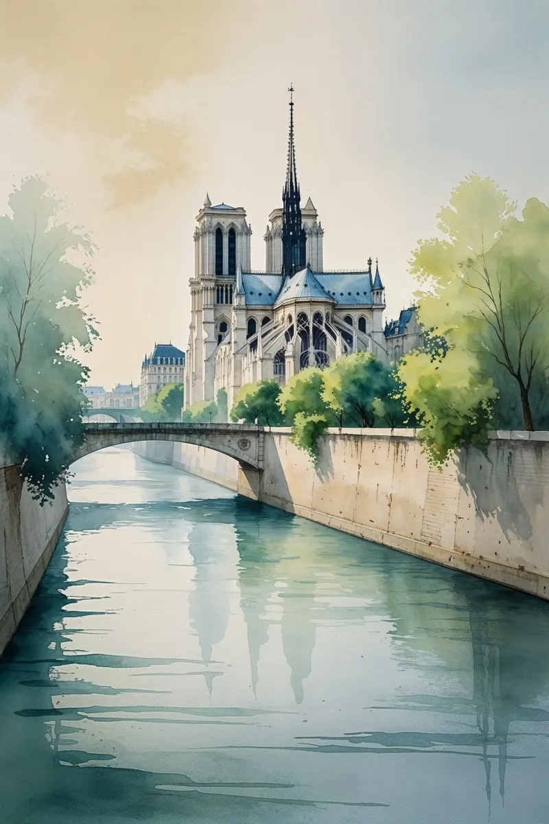 Paris’s Seine in Morning Hues poster con telaio in legno da AlbertKlee