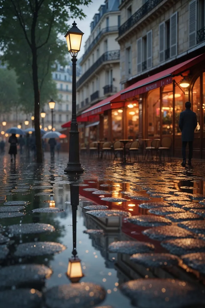 Rainy Parisian Street with Lantern Reflections carta hahnemühle da AlbertKlee