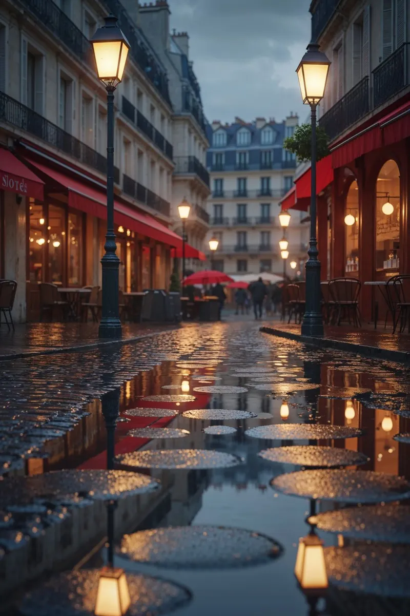 Romantic Paris: Lantern Reflections and Cozy Cafés poster by AlbertKlee