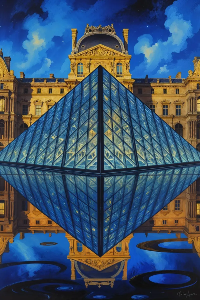 Louvre Pyramid Amid Cosmic Reflections alu dibond de AlbertKlee