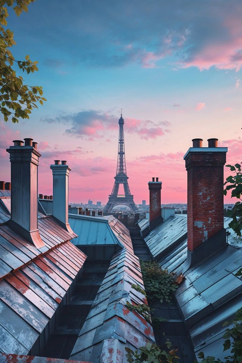 Rooftop Views of the Eiffel Tower at Sunset poster con telaio in plastica da AlbertKlee