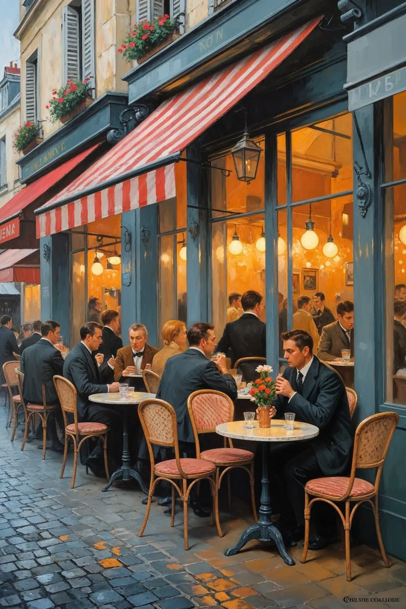 Parisian Café with Vibrant Atmosphere carta hahnemühle da AlbertKlee