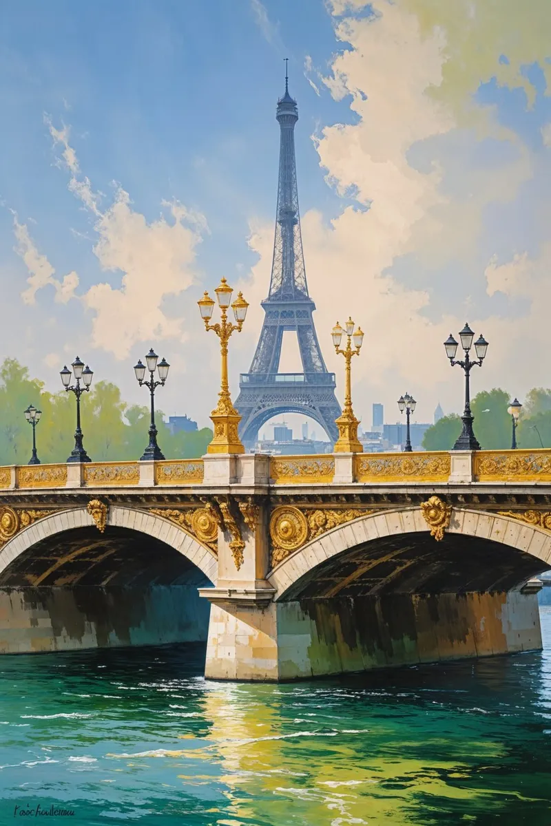 Golden Bridge Over the Seine with Eiffel Tower poster da AlbertKlee