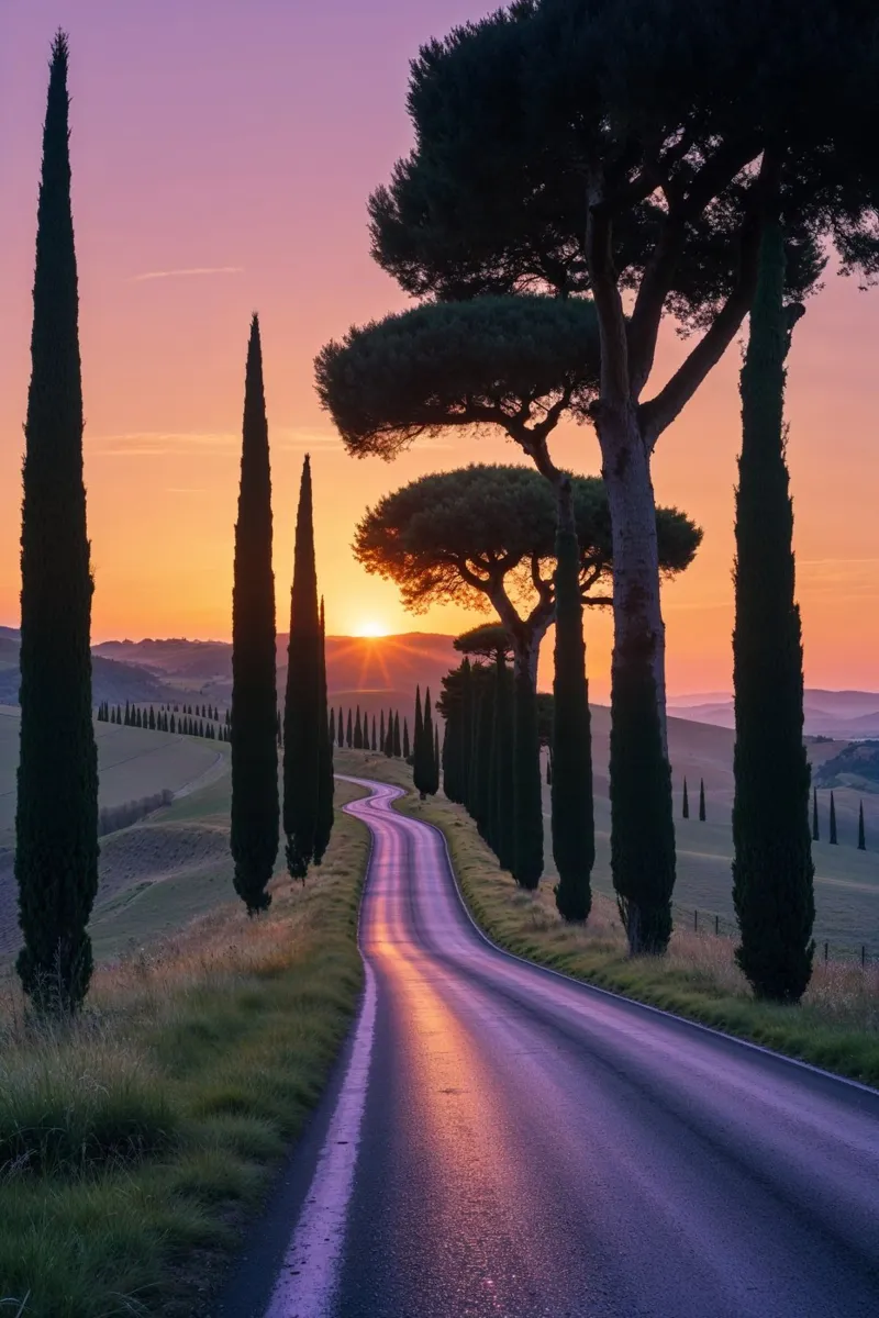 Tuscany Road at Sunset with Cypress Trees poster met aluminium frame van AlbertKlee