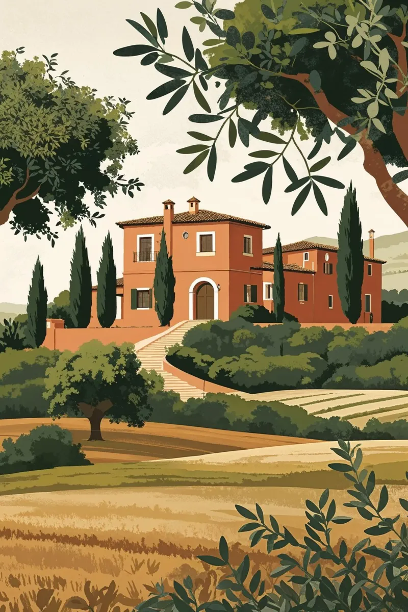 Elegant Tuscan Manor Amid Verdant Hills poster with wooden frame by AlbertKlee