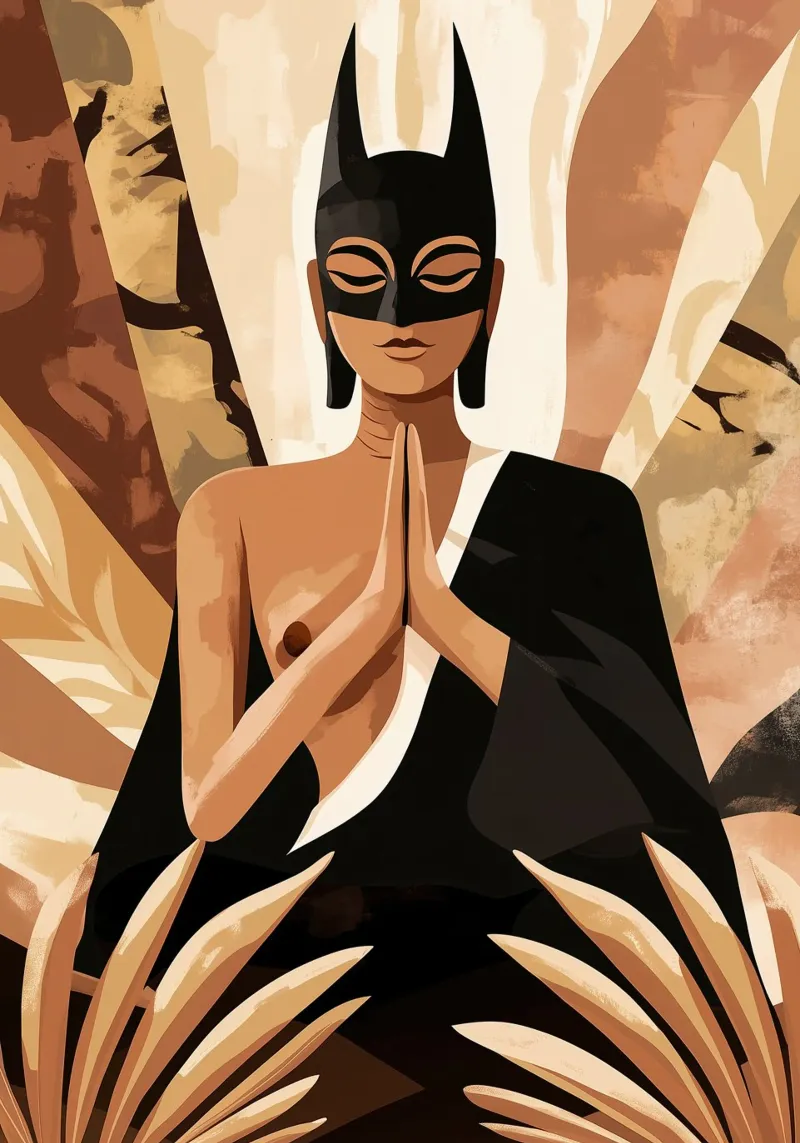 Donna che pratica yoga e meditazione in stile boho color terra poster con telaio in legno da Autofocus