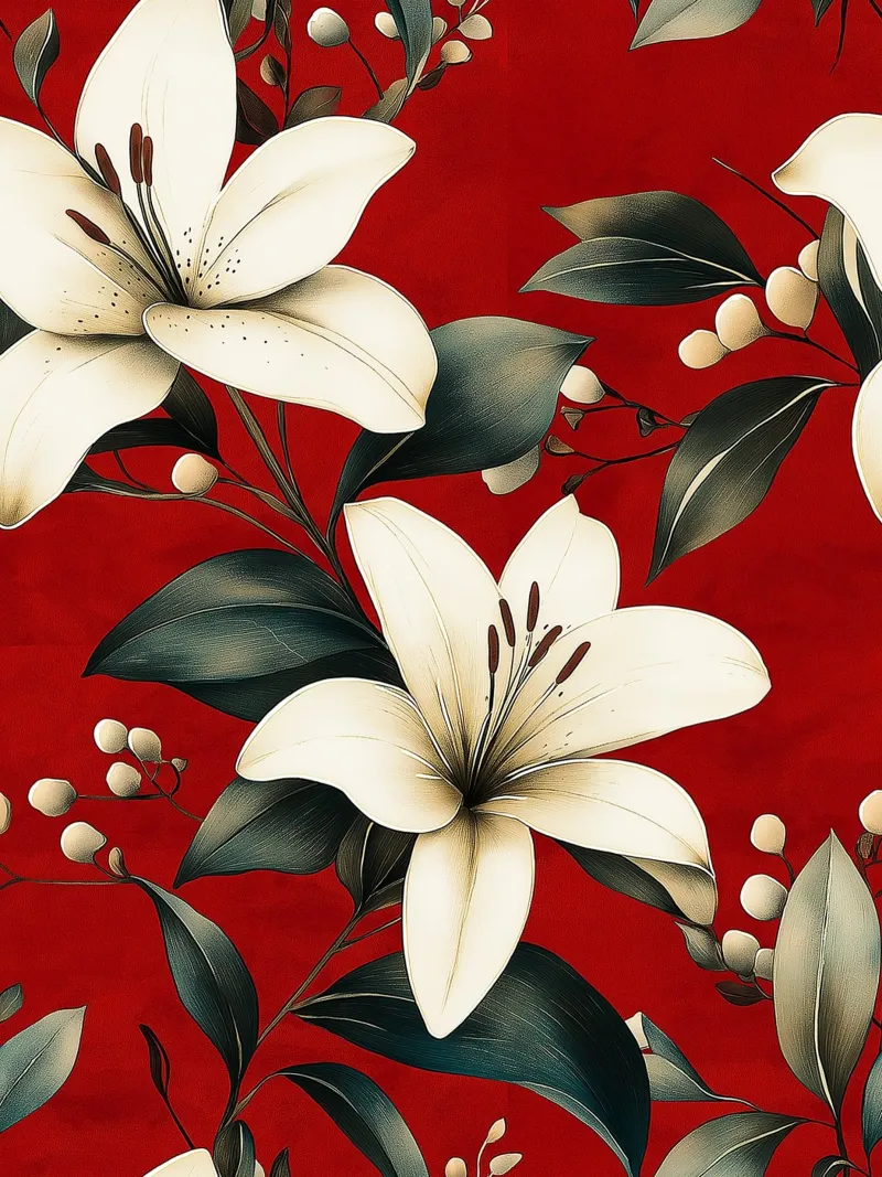 White lilies on a red background canvas with Floater frame by Flora & Horizon