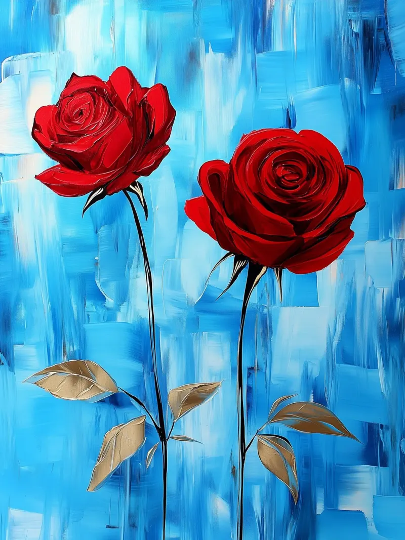 Red roses on a blue background canvas with Floater frame by Flora & Horizon