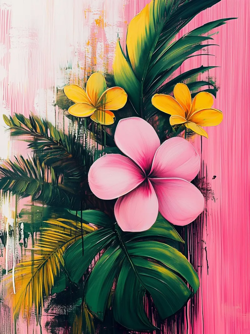 Illustrazione tropicale con fiori rosa e gialli poster con telaio in alluminio da Flora & Horizon