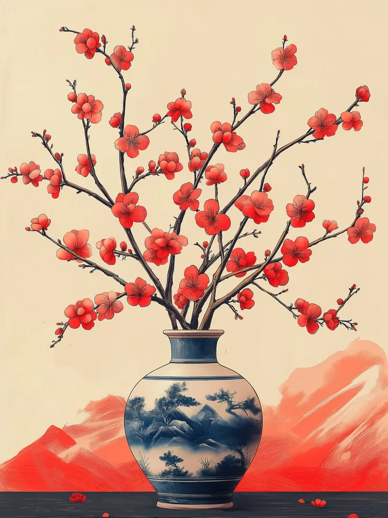 Branches de cerisier dans un vase en porcelaine poster avec cadre en bois de Flora & Horizon
