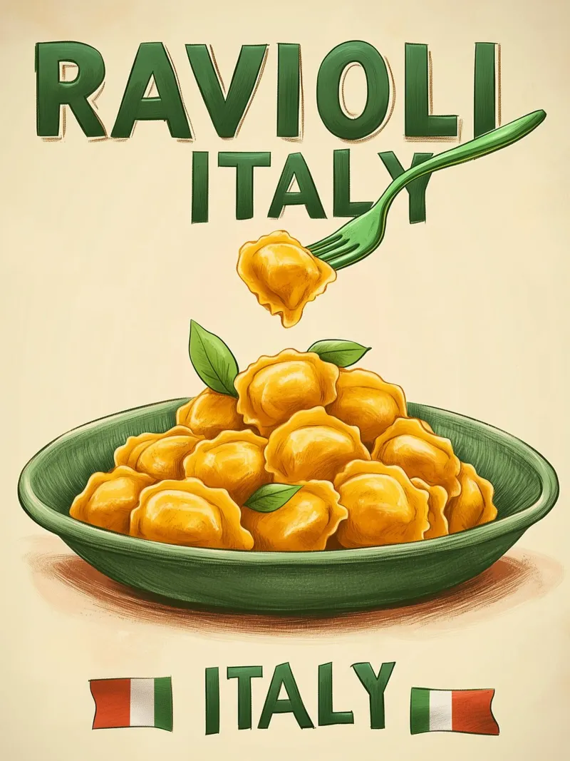 Poster artistico sui ravioli italiani poster con telaio in alluminio da Spice & Style