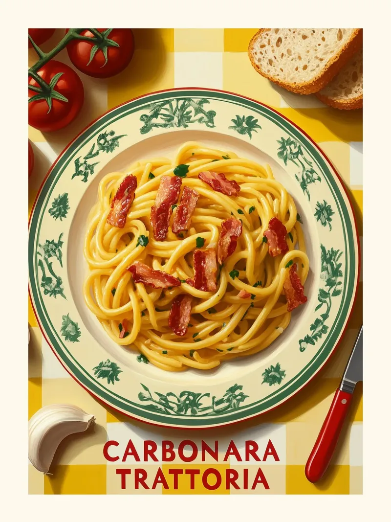 Carbonara Trattoria Art Poster poster con telaio in legno da Spice & Style