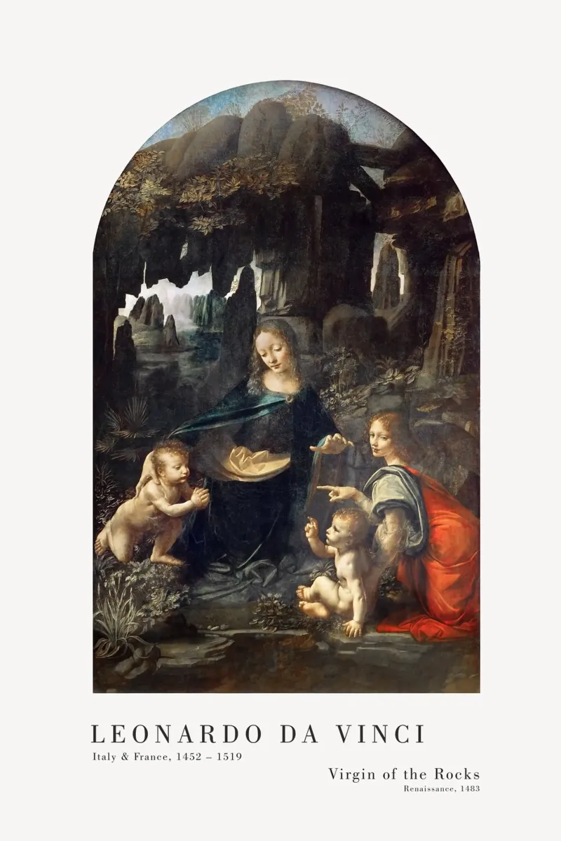 Leonardo da Vinci - Jungfrau auf dem Felsen poster con telaio in legno da Old Masters