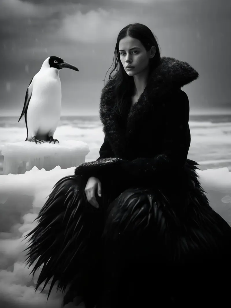 Ritratto invernale di una donna con un pinguino in bianco e nero poster da Autofocus