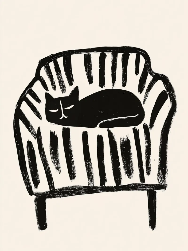 Kattenplek | Zwarte kat in gestreepte fauteuil canvas met Baklijst van Autofocus