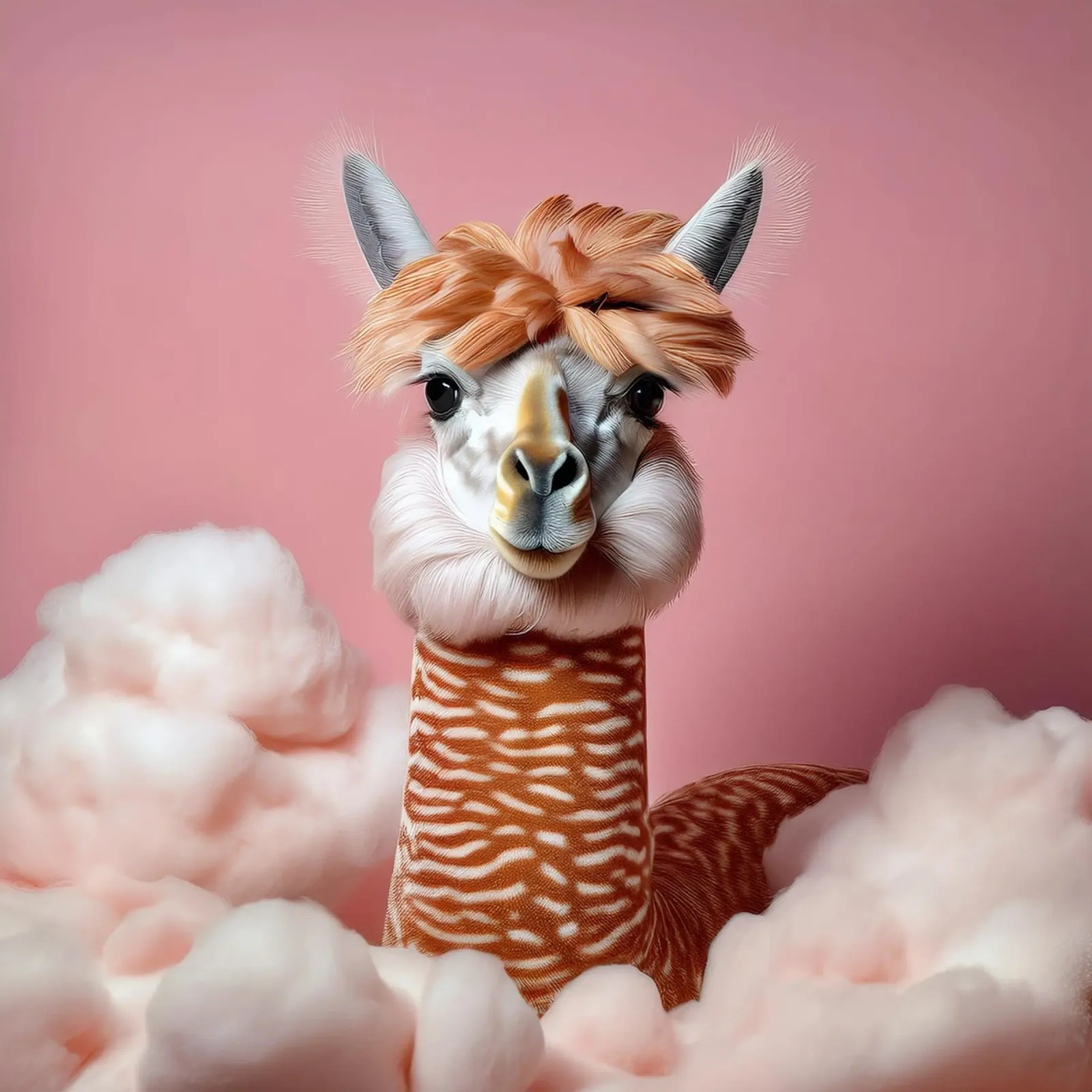 Fluffy Llama in Soft Pink Clouds – Whimsical Wall Art Print canvas with Floater frame by FlexiDesignsByK