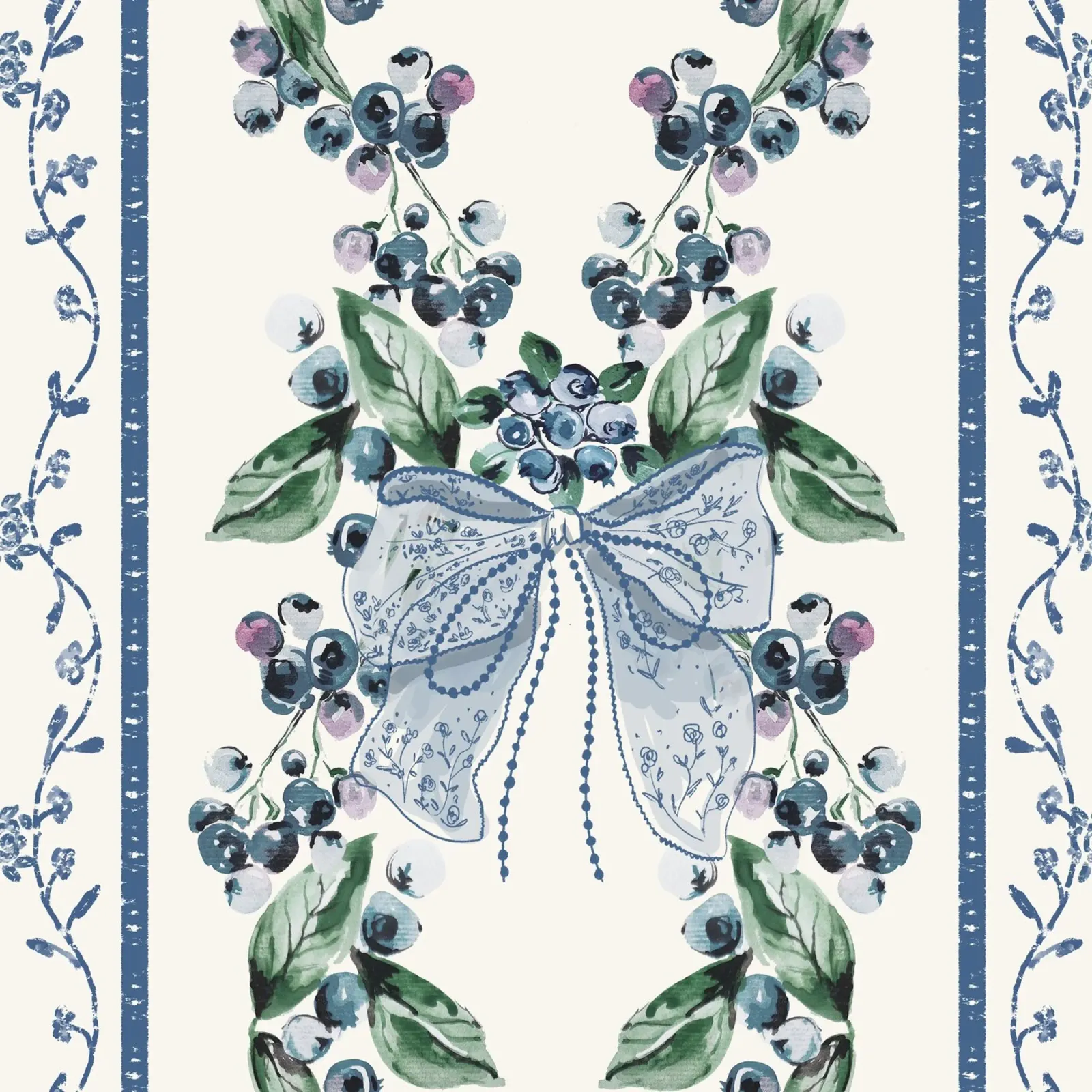 Blueberries Stripes and Blue Bows poster with plastic frame by anisillustration
