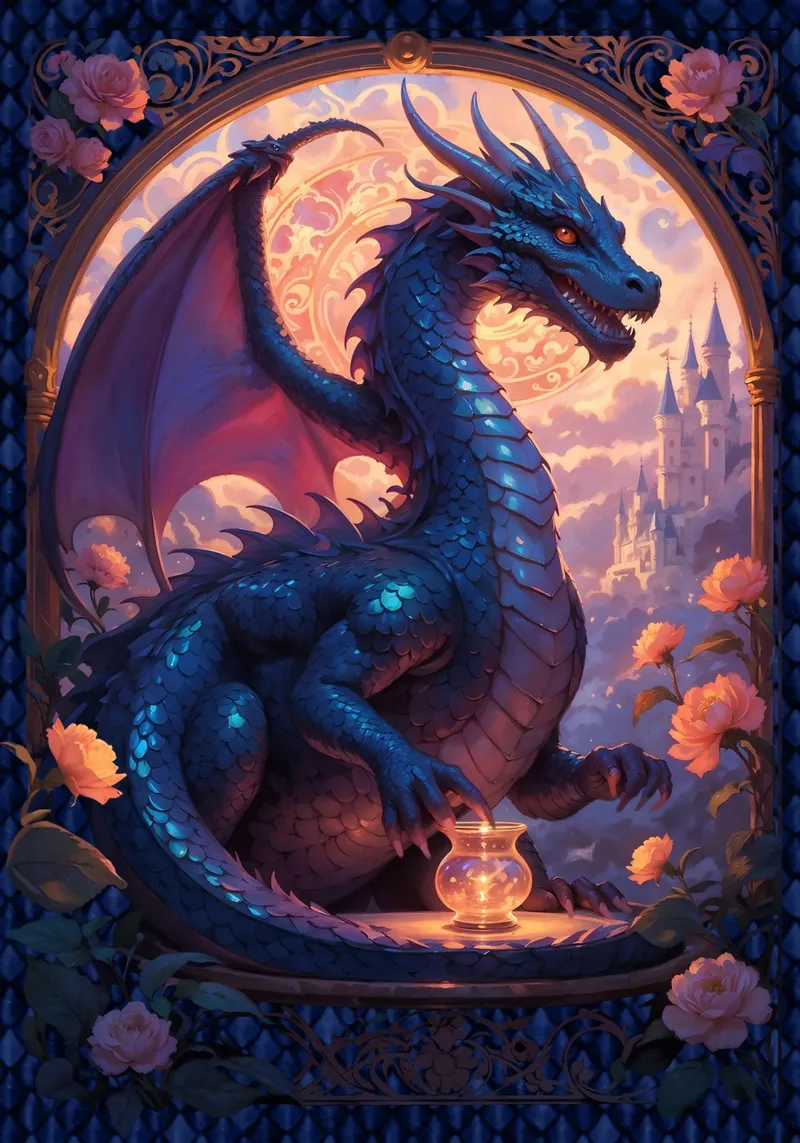Medieval Blue Dragon poster with aluminum frame by Eva Nev