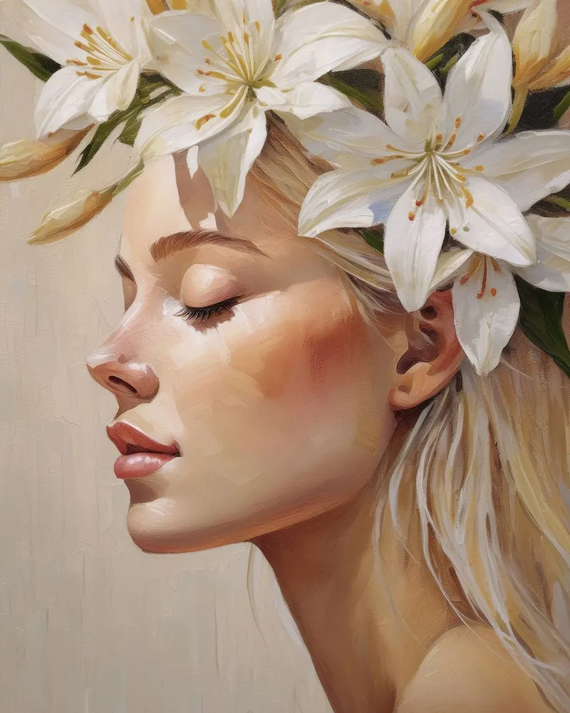 Donna con corona di fiori in testa carta hahnemühle da Take Your Art BV