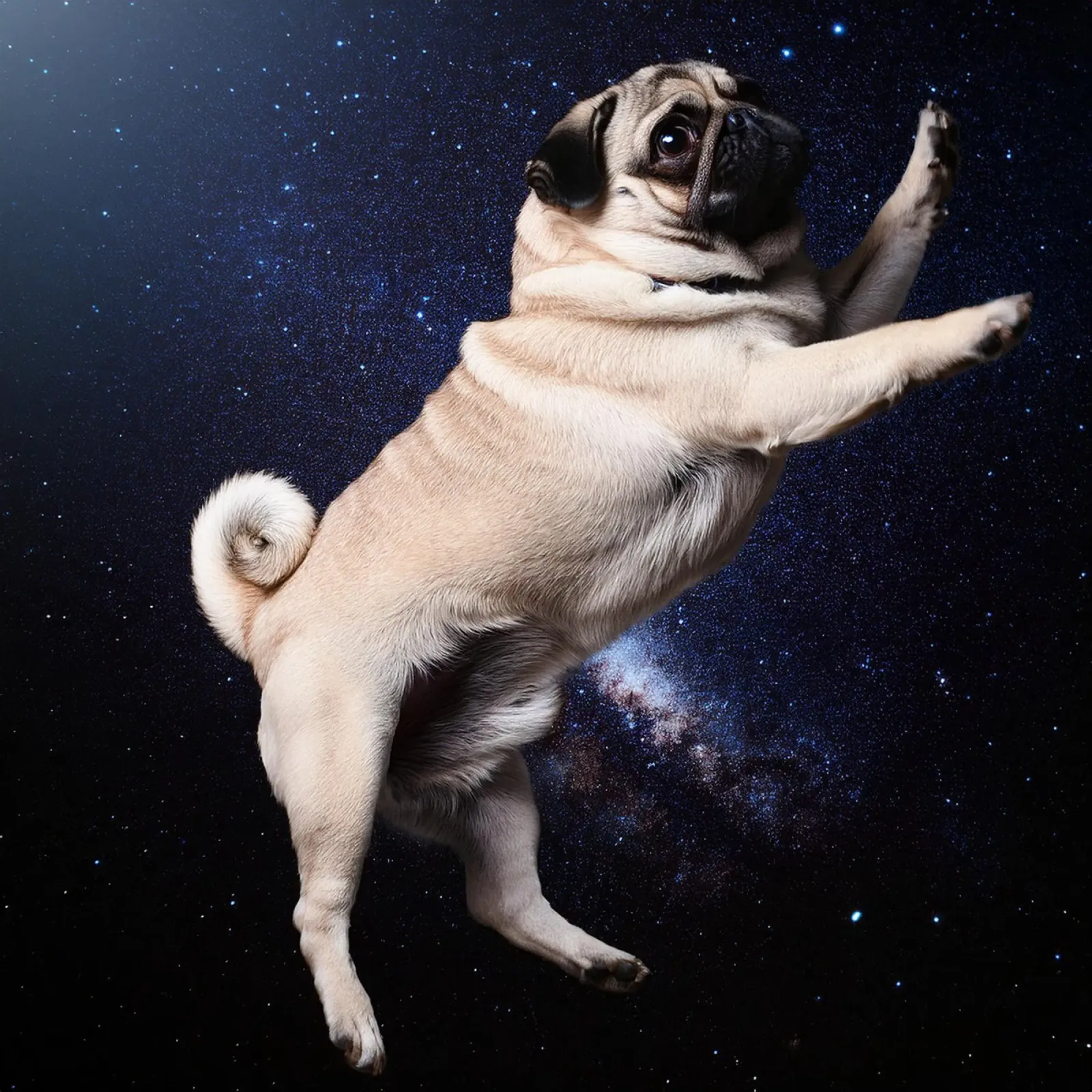 Zwevende mopshond in de ruimte: Aanbiddelijke Kosmische Hond Kunstdruk forex-plaat van FlexiDesignsByK