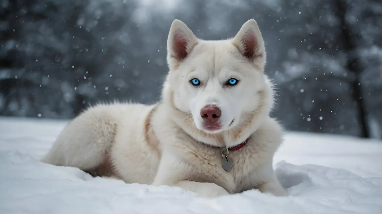Chien husky aux yeux bleus étonnants se reposant dans la neige blanche et douce hahnemühle de DesignDoodle