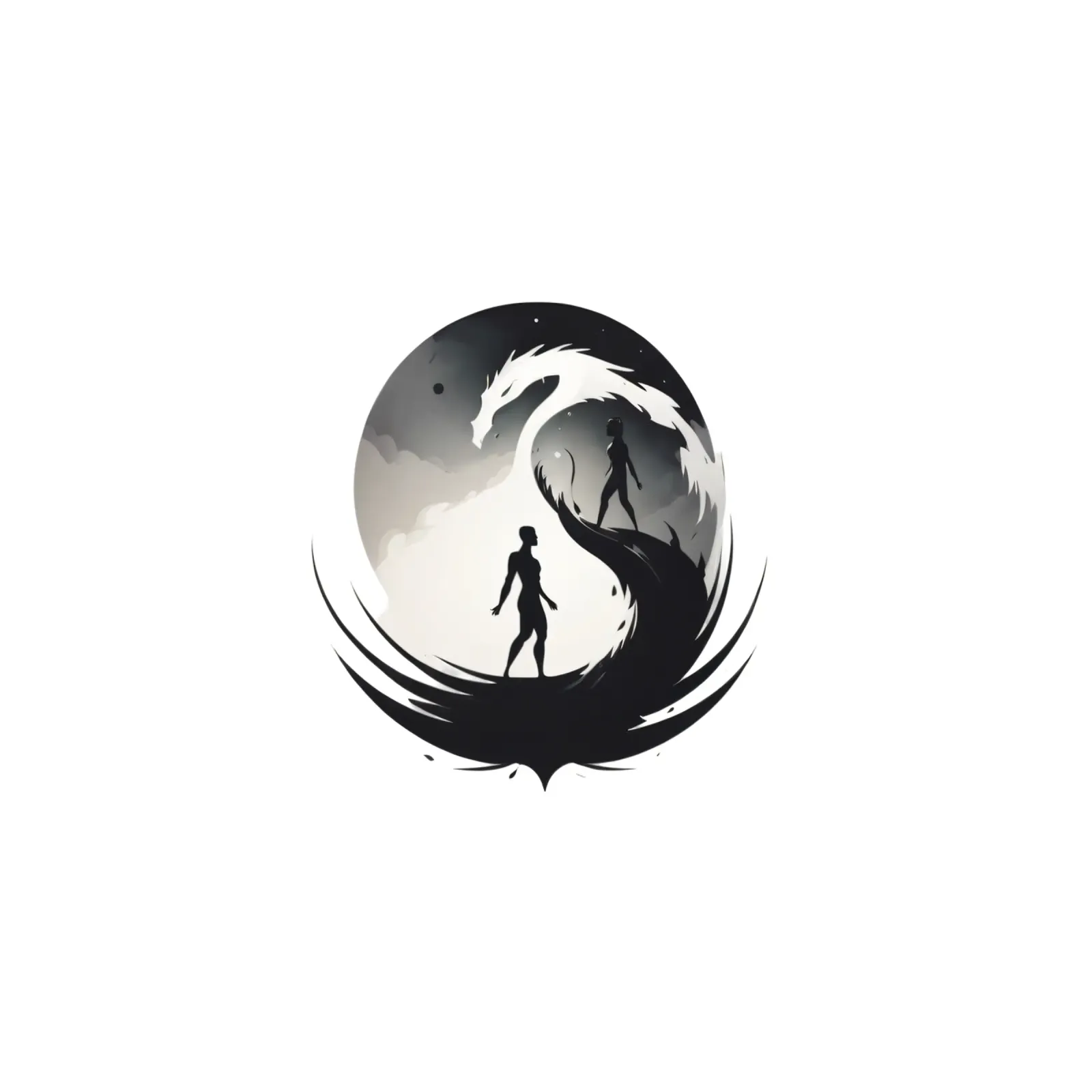 a symbolic journey between two figures and a dragon poster con telaio in alluminio da DesignDoodle